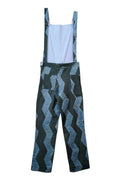 Indigo chevron batik-print denim overalls with striped bib panel