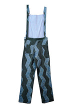 Indigo chevron batik-print denim overalls with striped bib panel