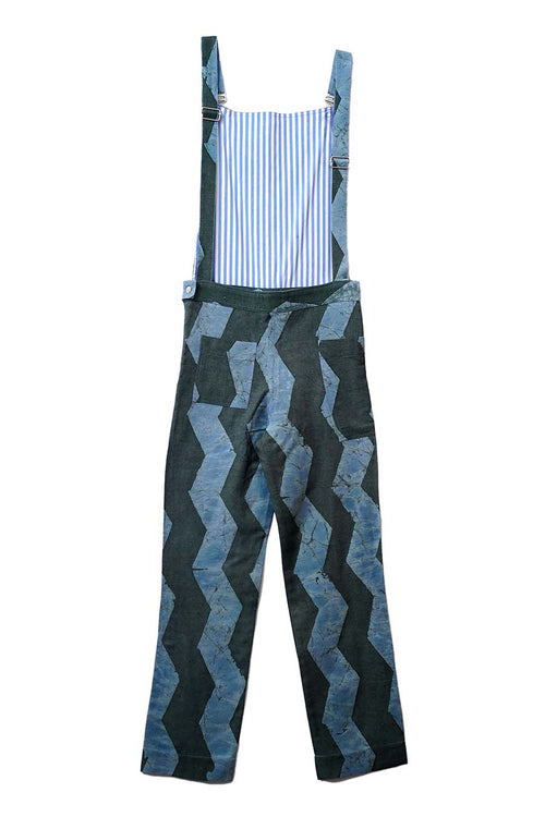 Indigo chevron batik-print denim overalls with striped bib panel