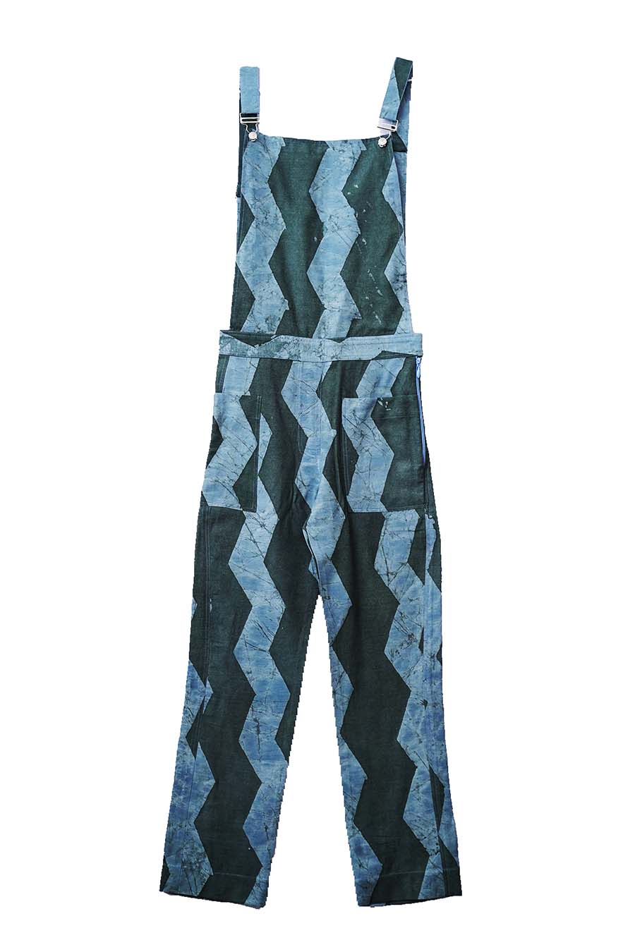 Indigo chevron batik-print denim overalls with striped bib panel