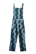 Indigo chevron batik-print denim overalls with striped bib panel