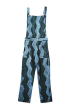 Indigo chevron batik-print denim overalls with striped bib panel